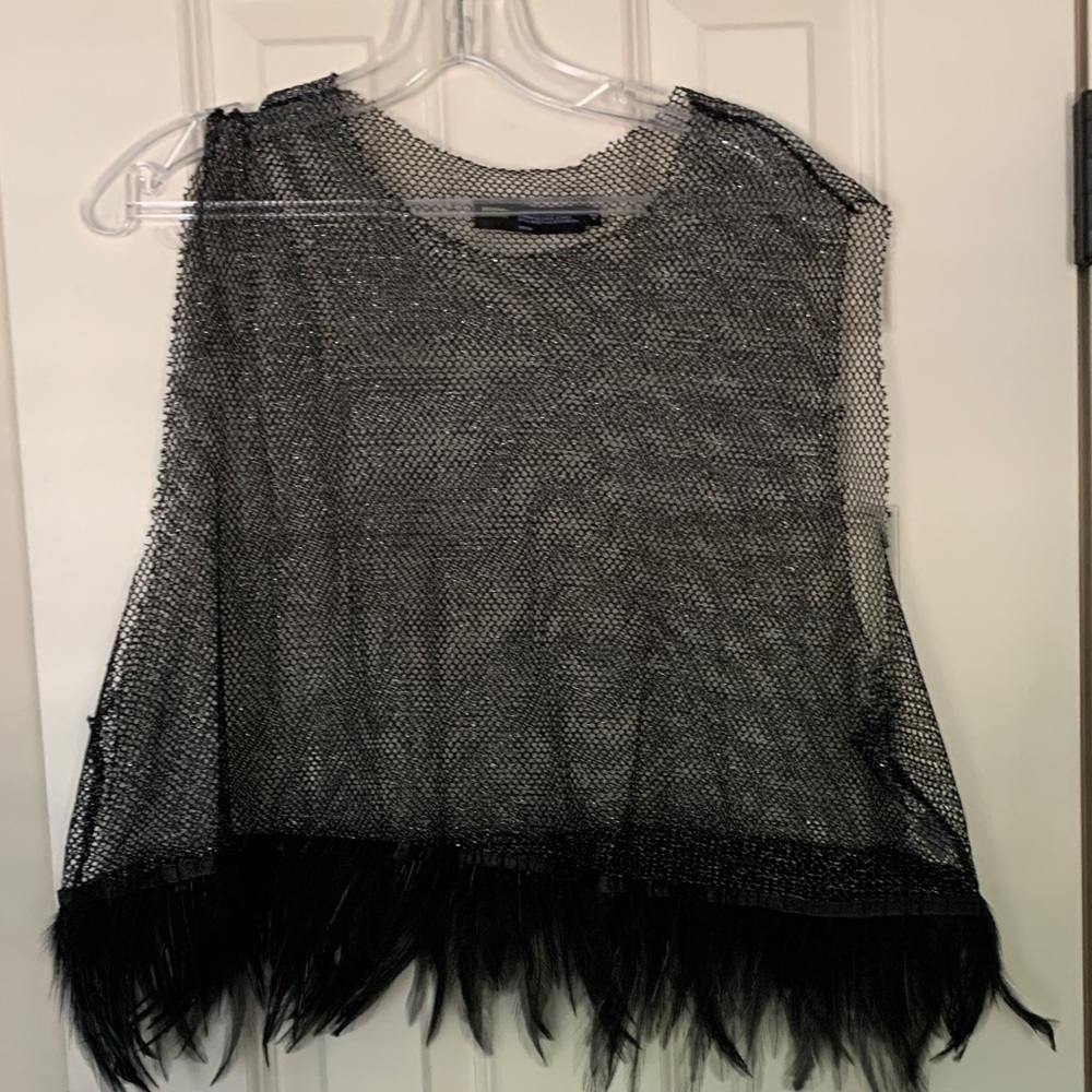 Black Mesh Top with Feather Trim 3X